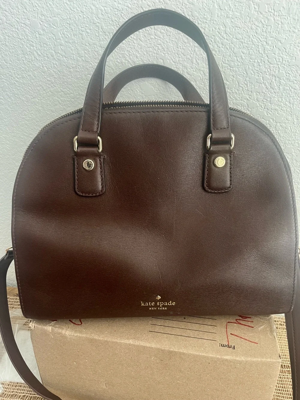 Kate Spade Reiley Mahogany Brown Leather Dome Satchel w/crossbody strap